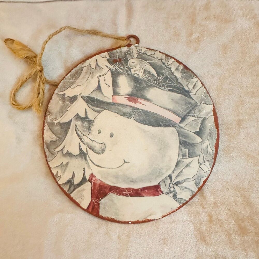Rustic Frosty the SNOWMAN Bird Snow Metal Disk Ornament